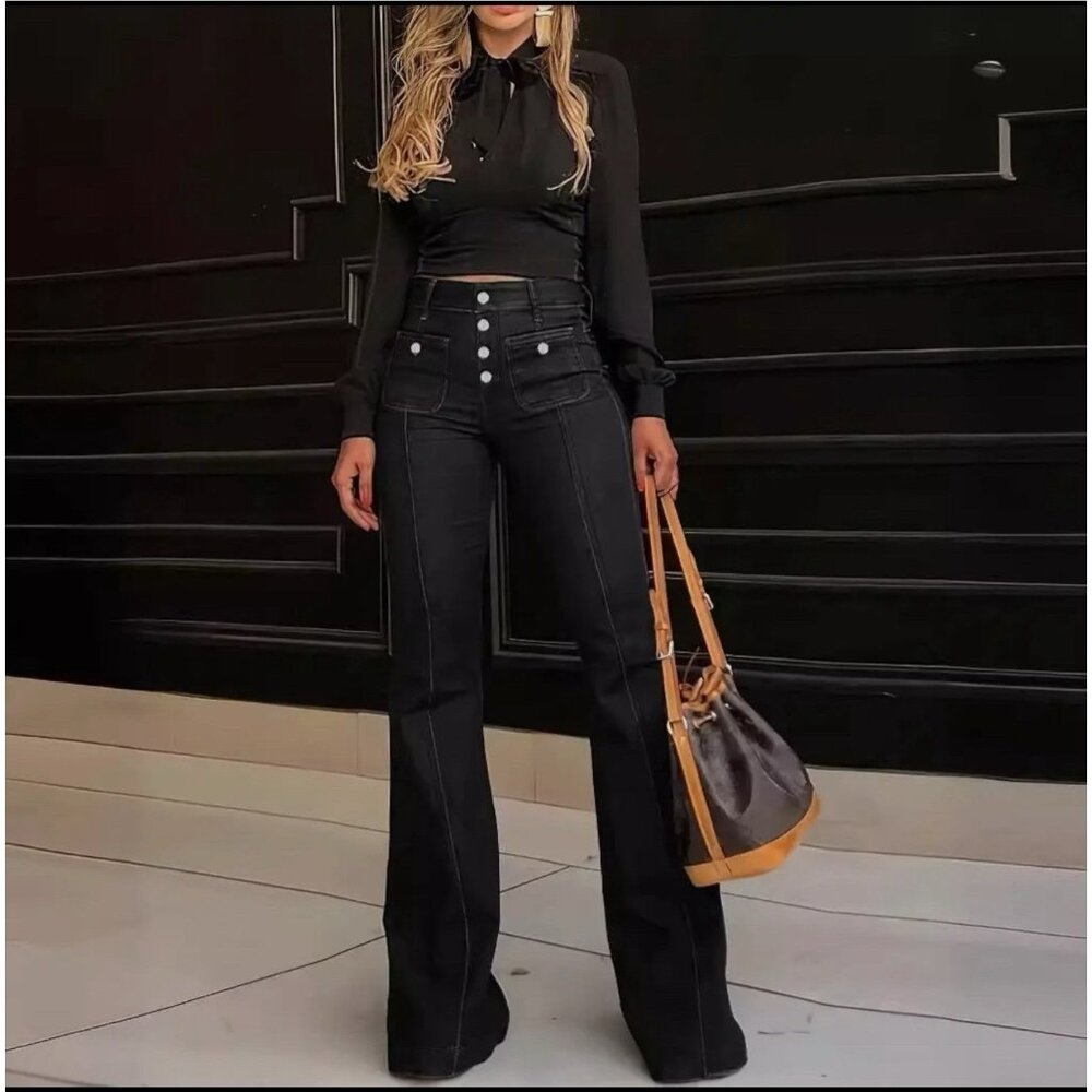 Women Flared Black Jeans Size L High Waist Button Closure Front pockets Stretch - Picture 1 of 7